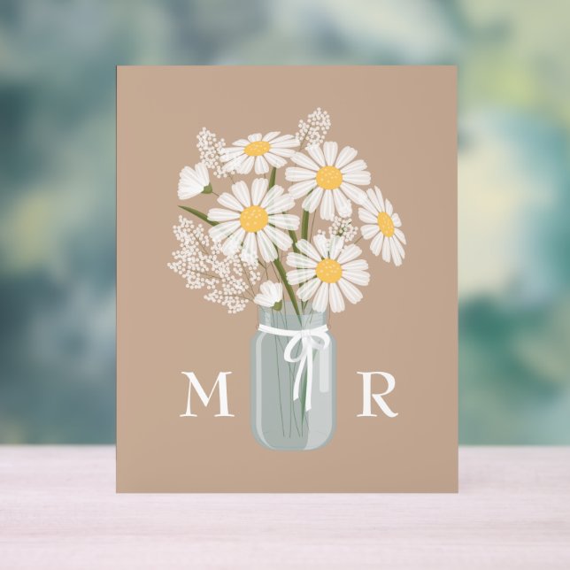 Wedding Daisies Mason Jar Monogram Initial Beige Acrylic Sign (Neutral)
