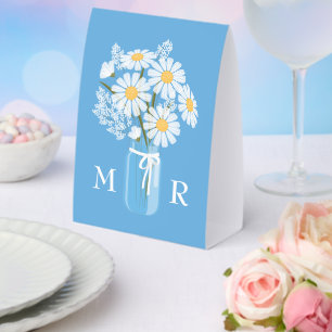 Wedding Daisies Mason Jar Monogram Initial Blue