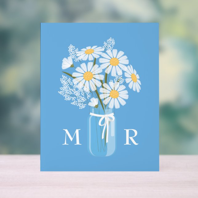 Wedding Daisies Mason Jar Monogram Initial Blue Acrylic Sign (Neutral)