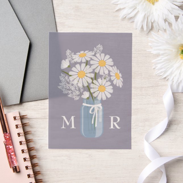 Wedding Daisies Mason Jar Monogram Initials Purple Vellum Invitations (Wedding)