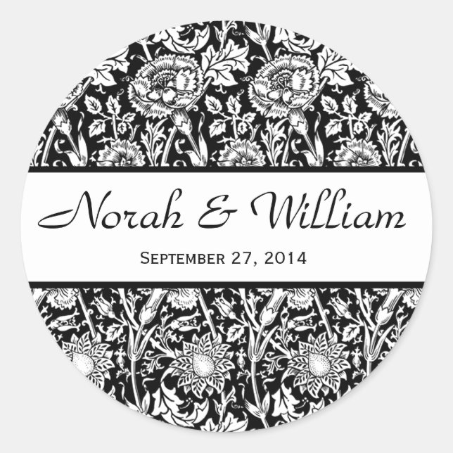 Wedding Damask Black and White Floral Damask Classic Round Sticker (Front)