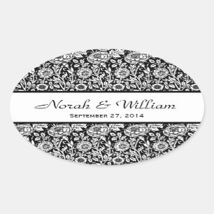 Wedding Damask Black and White Floral Damask Oval Sticker