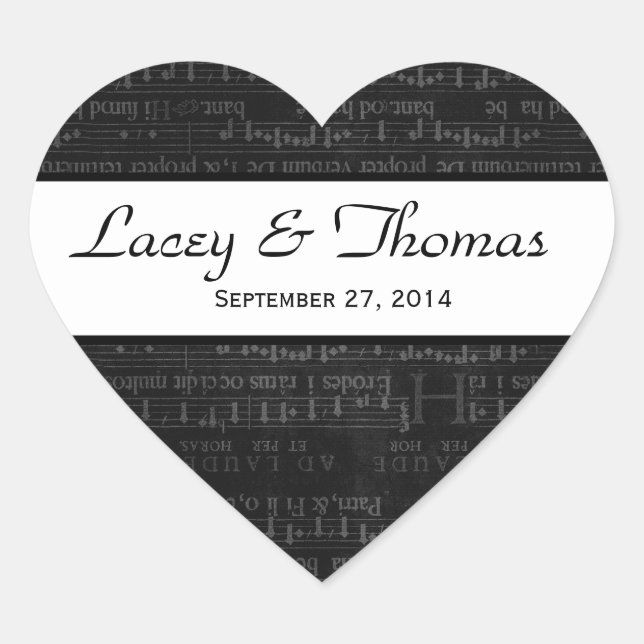 Wedding Damask Black and White Music Notes Heart Sticker (Front)