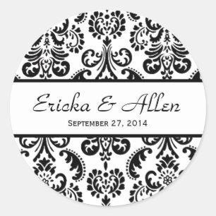 Wedding Damask Black and White V01 Classic Round Sticker