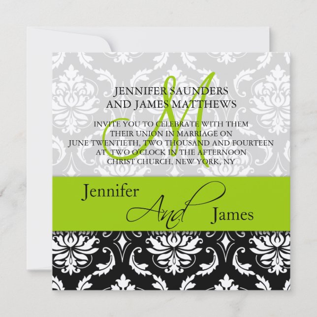 Wedding Damask Monogram Names Green Invitation (Front)