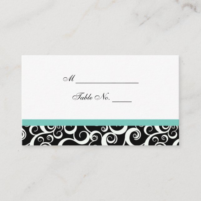 Wedding Damask Swirls Table Place Card in Aqua (Front)