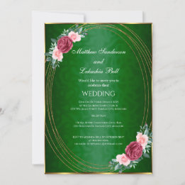 Wedding Dark Green Gold Pink Red Flowers Classic Invitation