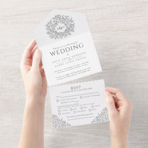Wedding dark grey white monogram leaves all in one invitation