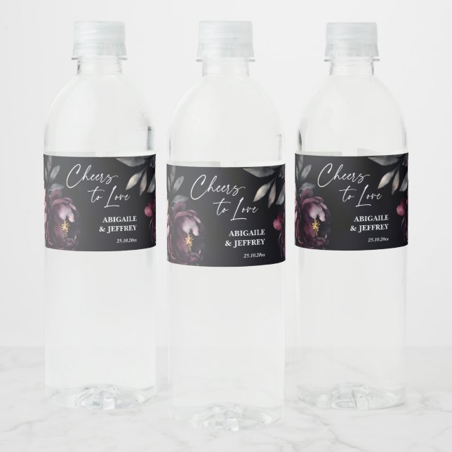 Wedding dark moody peonies personalised water bottle label (Bottles)
