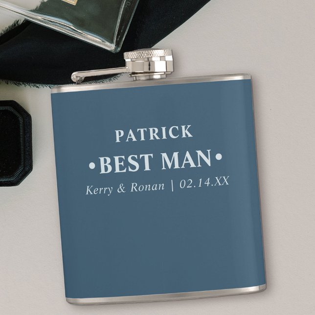 Wedding Date and Names Blue Personalised Best Man Hip Flask (Wedding thank you gift for your best man)