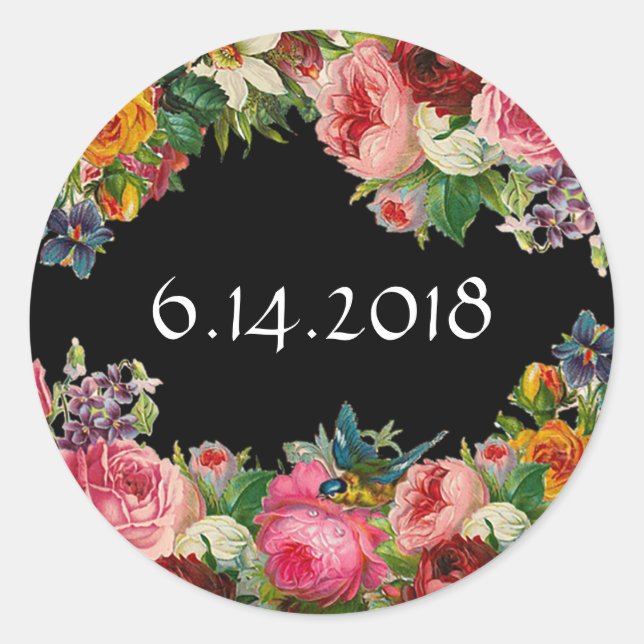Wedding Date Blue Floral Burgundy Roses Stickers (Front)