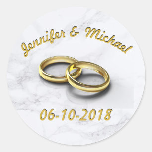 Wedding Date Bride & Groom Customisable Gold Rings Classic Round Sticker