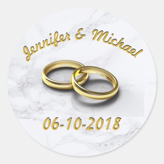 Wedding Date Bride & Groom Customisable Gold Rings Classic Round Sticker (Front)