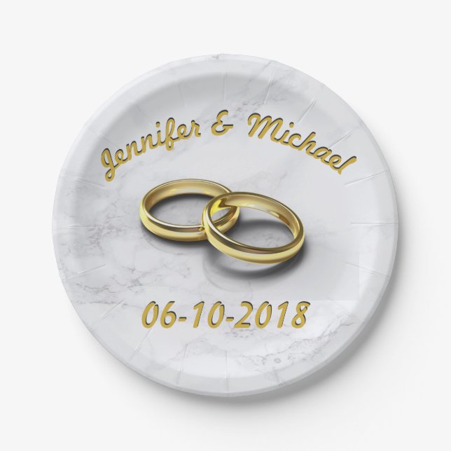 Wedding Date Bride & Groom Customisable Gold Rings Paper Plate (Front)