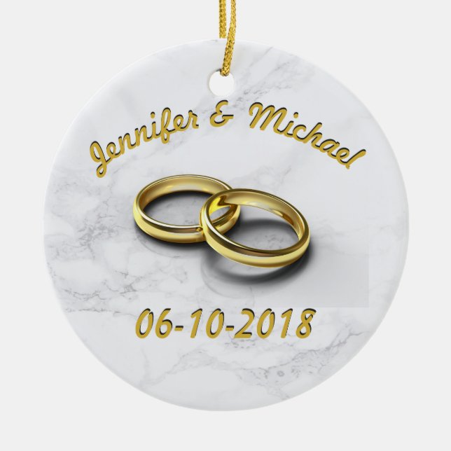 Wedding Date Bride & Groom Personalise Gold Rings Ceramic Tree Decoration (Front)