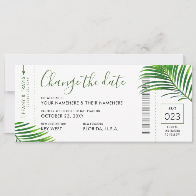 Wedding Date Change Tropical Palm Boarding Pass Announcement (Front)