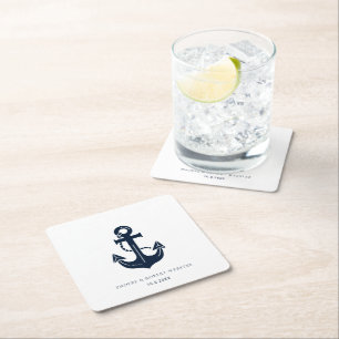 Wedding Date Nautical Theme Wedding Anchor Blue Square Paper Coaster