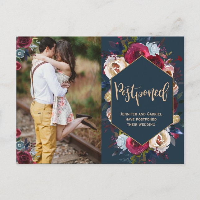 Wedding Date Postponed Burgundy Navy Floral Announcement Postcard (Front)