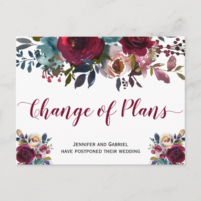 Wedding Date Postponed Burgundy Navy Floral Announcement Postcard (Front)