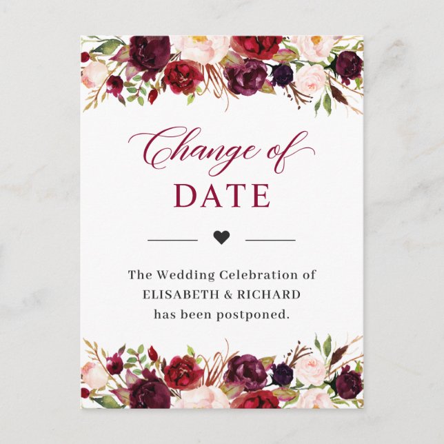 Wedding Date Postponed Burgundy Red Blush Floral Postcard (Front)