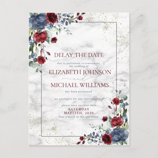 Wedding Date Postponement Blue Burgundy Floral Announcement Postcard (Front)