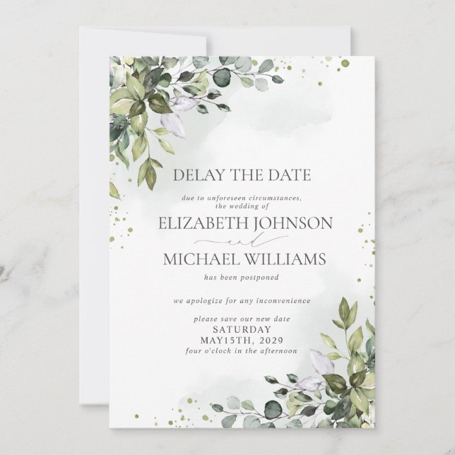 Wedding Date Postponement Eucalyptus Watercolor Announcement (Front)