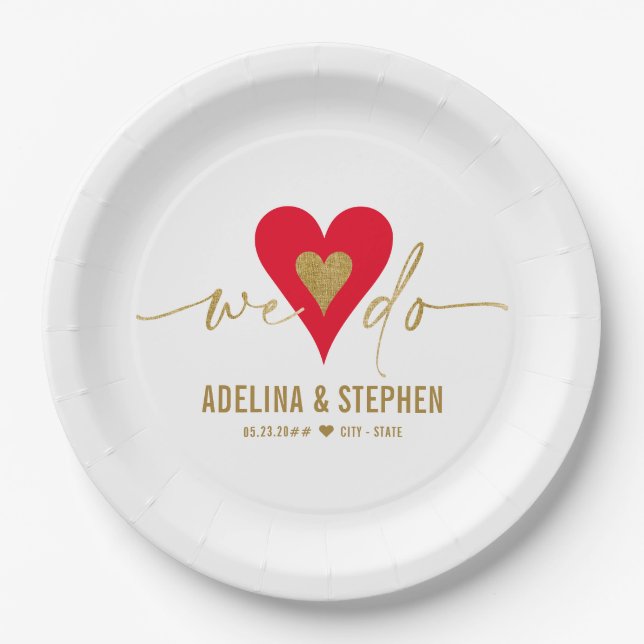 Wedding Day Elegant Simple Heart We Do Gold Script Paper Plate (Front)