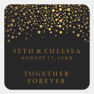 Wedding Day Gold Dots on Black Personalise Square Sticker