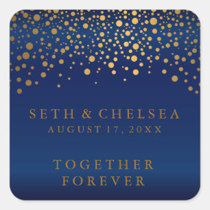 Wedding Day Gold Dots on Navy Blue Satin Square Sticker