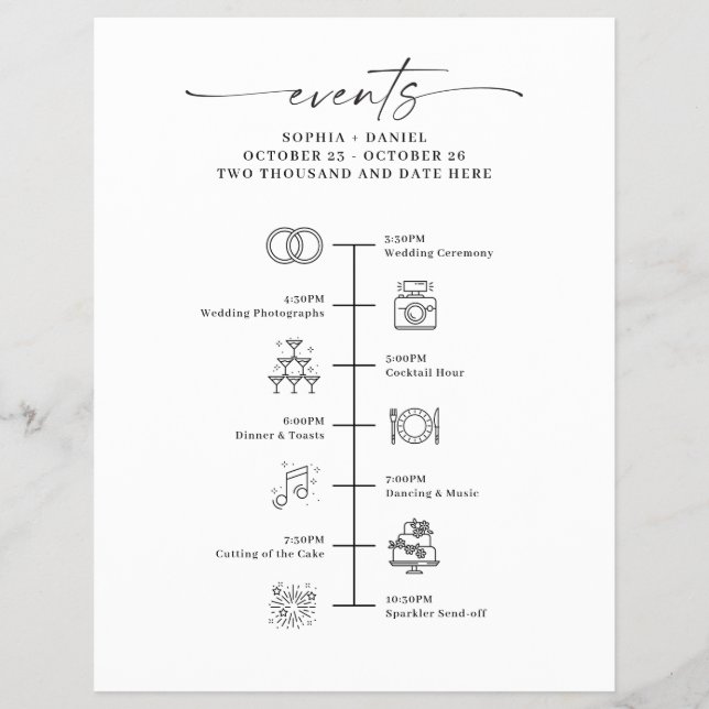 Wedding Day Icon Timeline Itinerary Welcome Letter Flyer (Front)