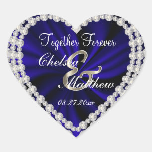 Wedding Day Navy Blue Satin   Personalise Heart Sticker