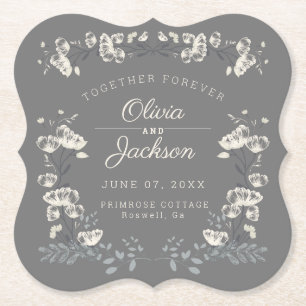 Wedding day personalised grey floral modern paper coaster