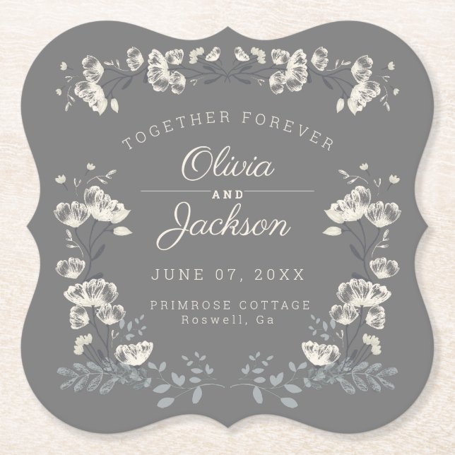 Wedding day personalised grey floral modern paper coaster (Front)