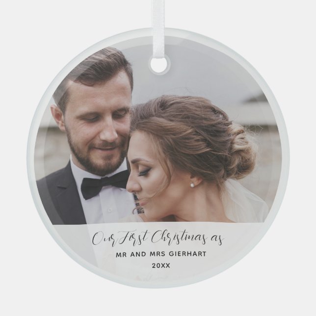 Wedding Day Photo First Christmas Married Glass Tree Decoration (Front)