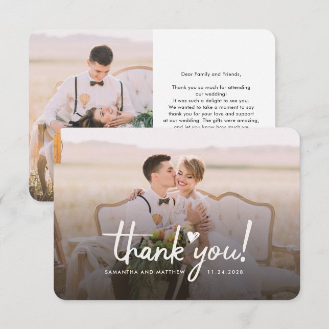 Wedding Day Photo Hand-Lettered Elegant Thank You Card (Front/Back)