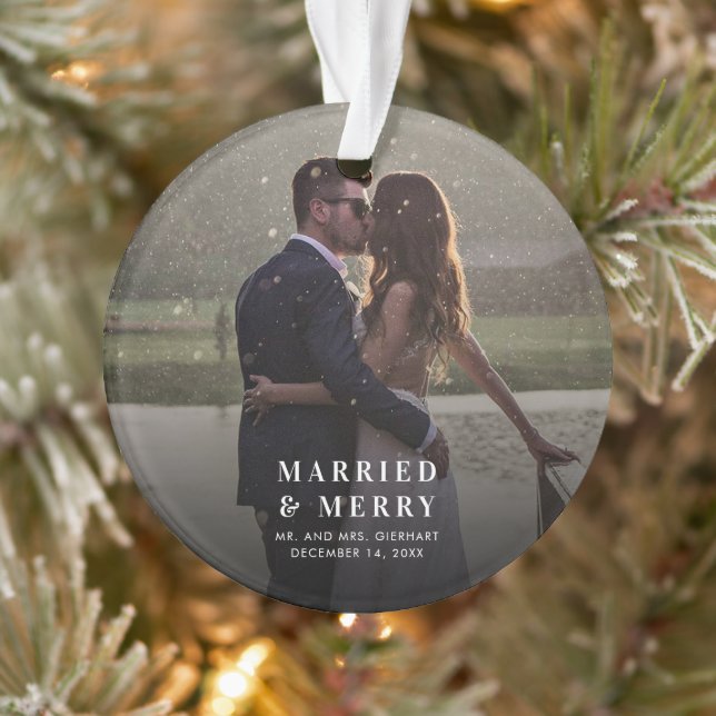 Wedding Day Photo Married & Merry Newlyweds Ornament (Tree)