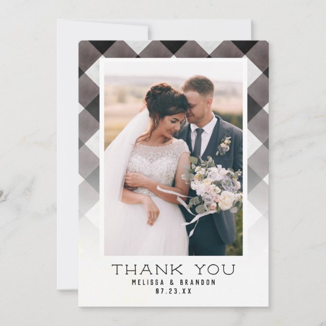 Wedding Day Photograph and Farmhouse Check Plaid Thank You Card (Front)