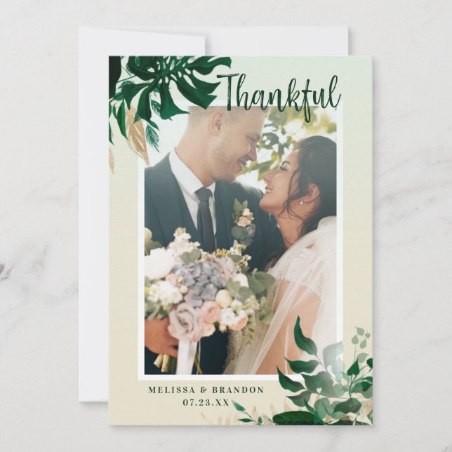 Wedding Day Photography Tropical Leaves Photo Thank You Card (Front)
