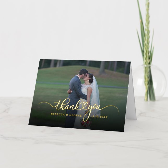Wedding Day Photos Couples Script Thank You Gold Foil Greeting Card (Front)