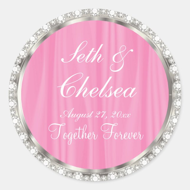 Wedding Day Pink Satin & Faux Diamonds Classic Round Sticker (Front)