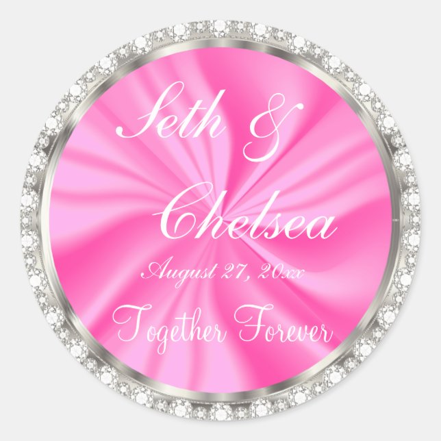 Wedding Day Pink Satin & Faux Diamonds Classic Round Sticker (Front)