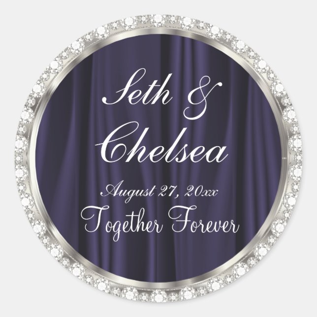 Wedding Day Plum Purple Satin & Faux Diamonds Classic Round Sticker (Front)