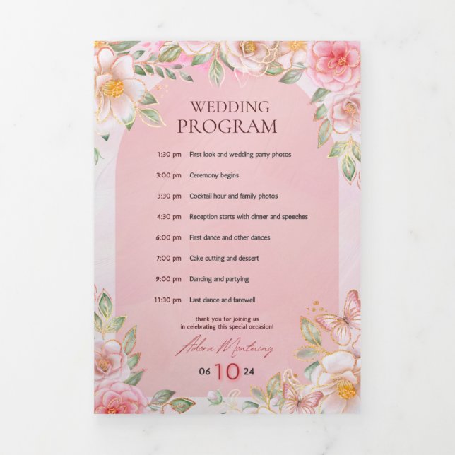 Wedding Day Program – Pink Floral & Butterfly Desi Tri-Fold Programme (Cover)