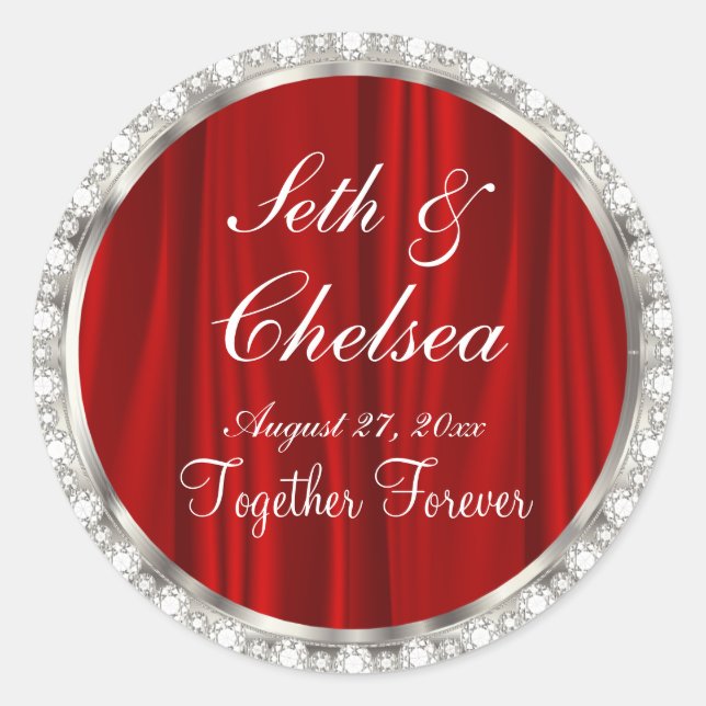 Wedding Day Red Satin & Faux Diamonds Classic Round Sticker (Front)