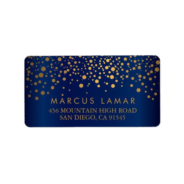 Wedding Day Trendy Gold Dots Navy Blue Satin Label (Front)