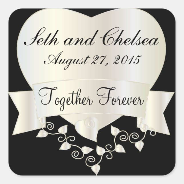 Wedding Day White Gold Heart | Personalise Square Sticker (Front)