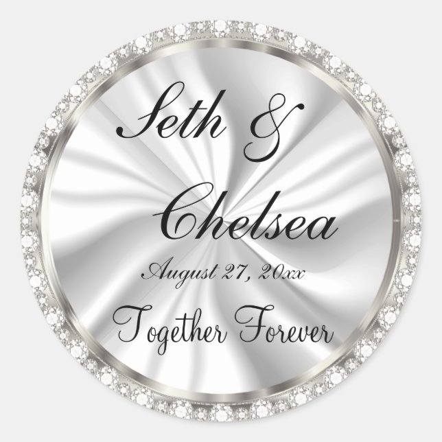 Wedding Day White Satin & Faux Diamonds Classic Round Sticker (Front)