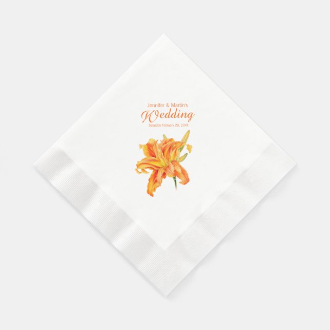 Wedding daylily orange personalised paper napkins (Corner)