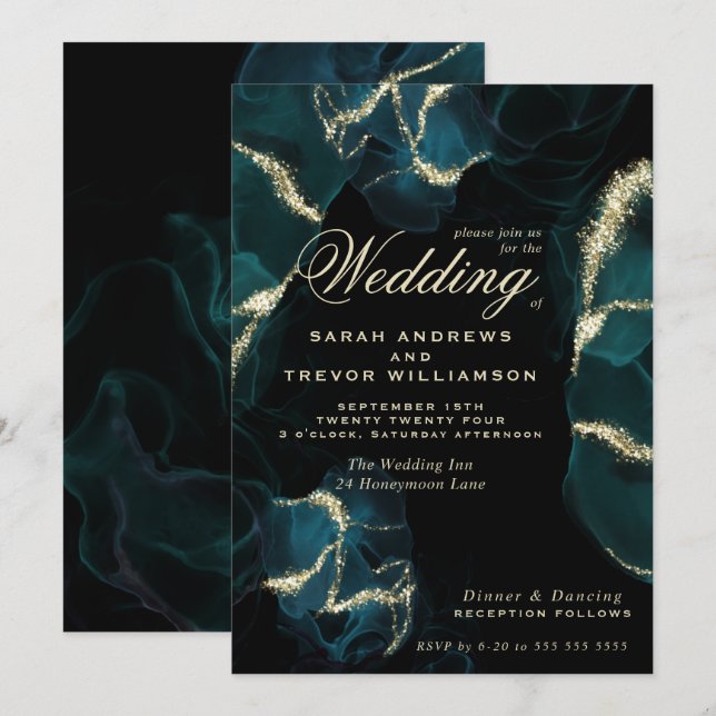 Wedding |  Deep Teal Abstract Alcohol Ink Invitation (Front/Back)