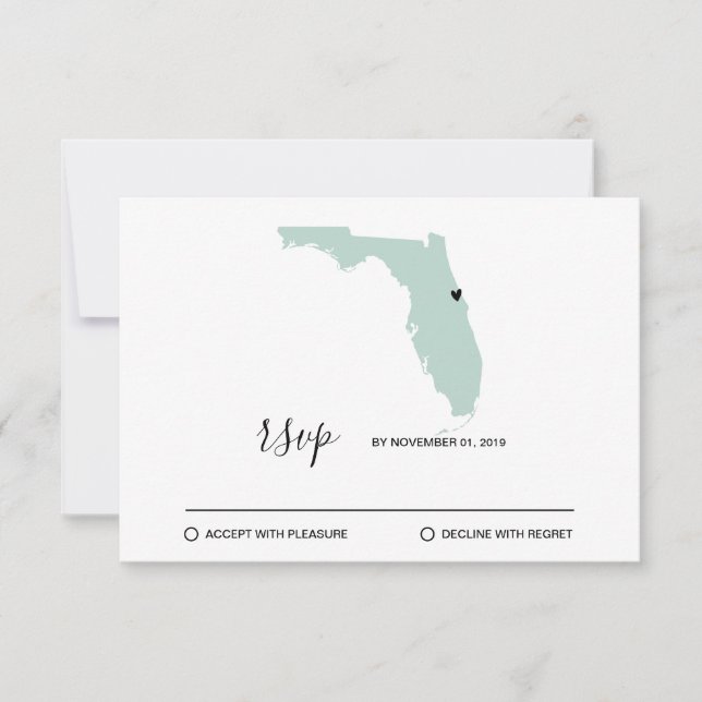 Wedding Destination  Florida Map Removable Heart RSVP Card (Front)